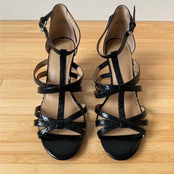 AEROSOLES PASSIONFRUIT SANDALS BLACK SNAKESKIN PATENT HEELS SIZE 9 - Picture 2 of 9